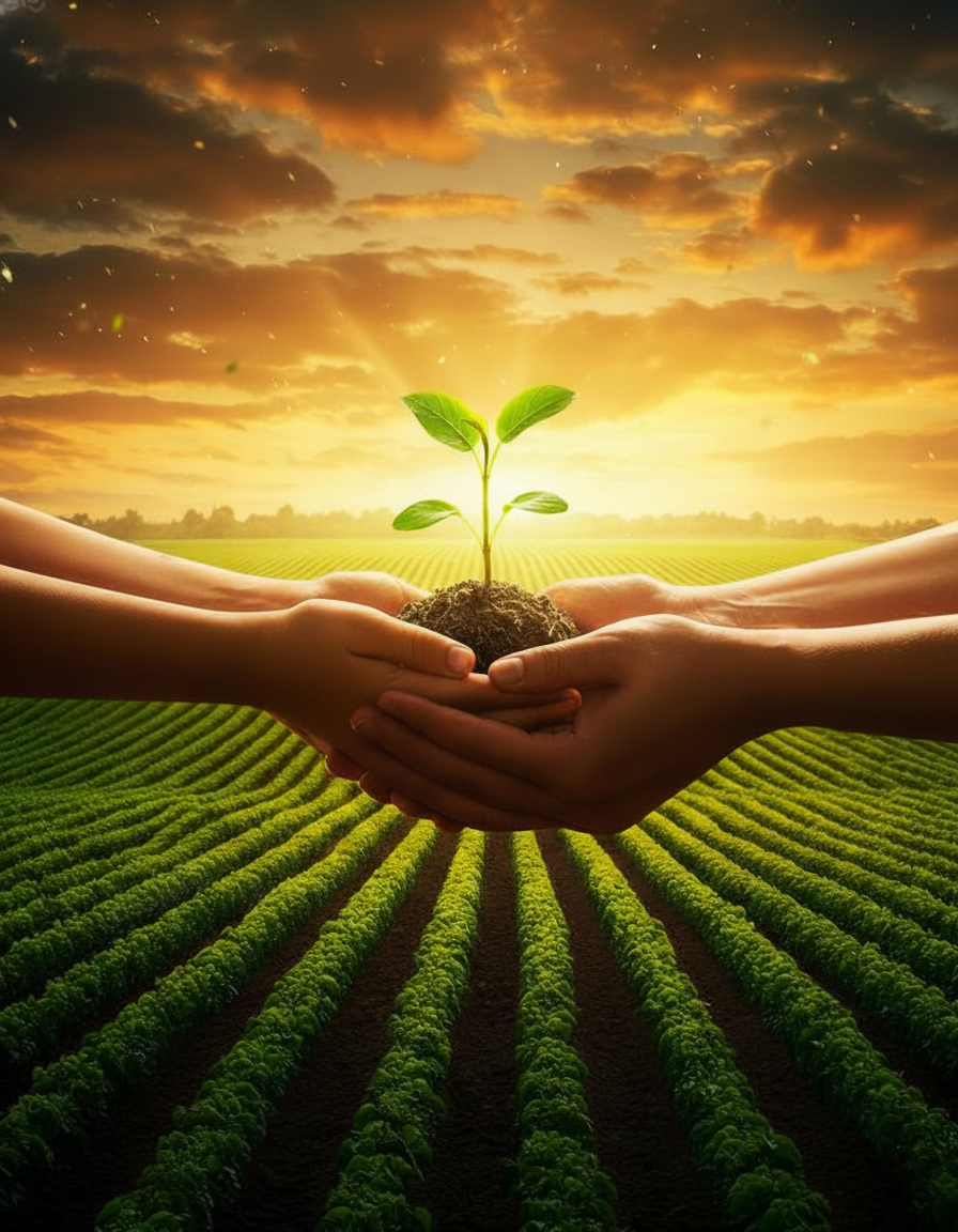 Hands nurturing plant growth